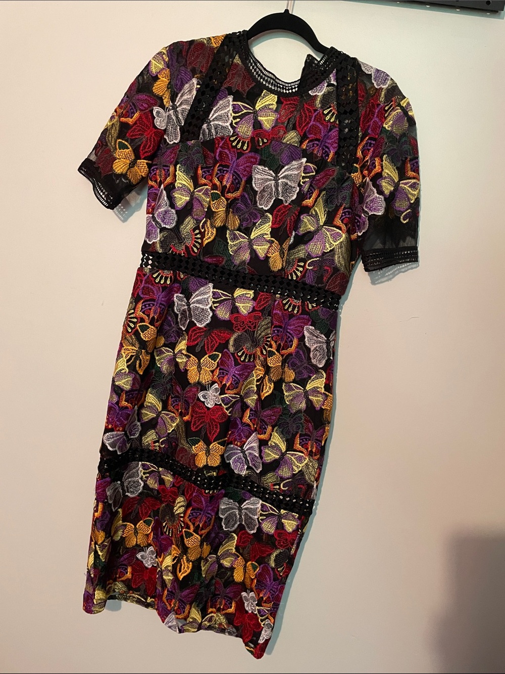 Black Lace Midi Dress with Multicolor Butterfly Embroidery Details